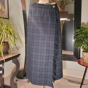 JH Collectibles Vintage 100% Worsted Wool Skirt Blue Green Plaid Size 10